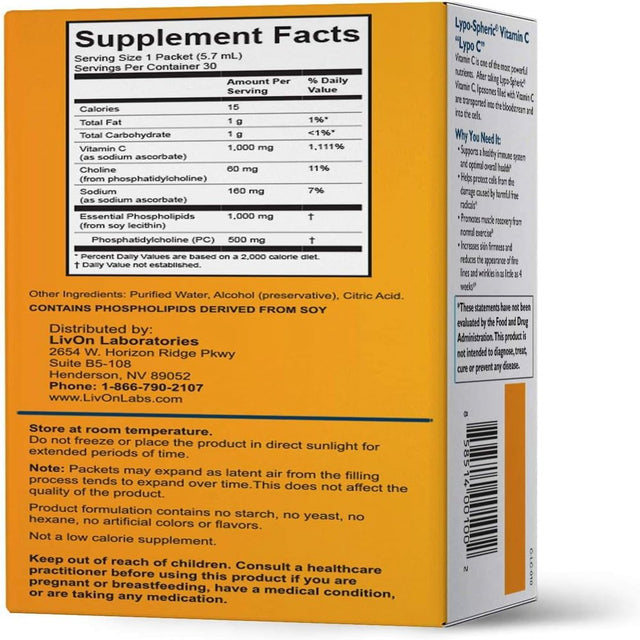 Lypo-Spheric Vitamin C - 3 Cartons (90 Packets) - 1,000 Mg Vitamin C & 1,000 Mg Essential Phospholipids per Packet - Liposome Encapsulated for Improved Absorption - 100% Non-Gmo