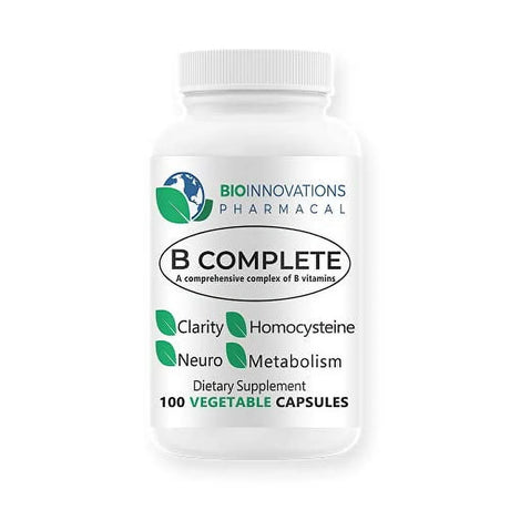 Bio-Innovations Pharmacal B Complete with Folate, All Vitamins B1, B2, B3, B5, B6, B7, B9, B12, and Choline Bitartrate for Energy,Brain Clarity, Neuro, Metabolism Vegan 100 Capsules Count (Pack of 1)