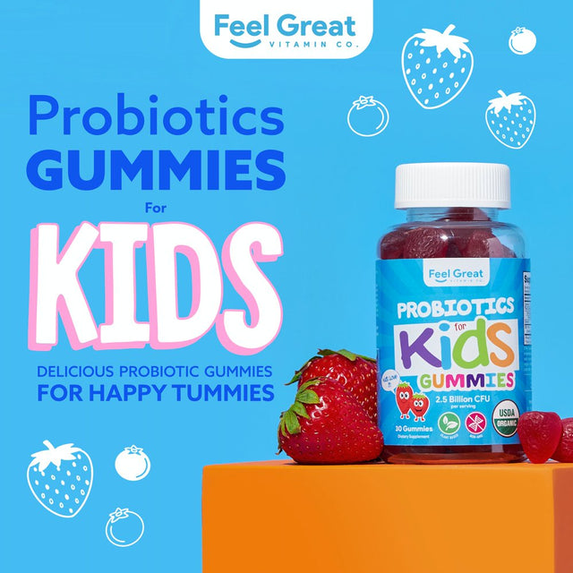 USDA Organic 2.5 Billion CFU Probiotic Pectin Gummies by the Feel Great Vitamin Co. | Clinically Proven Probiotic B. Subtilis DE111 | Supports Gut Health* | Strawberry Flavor (30 Days)