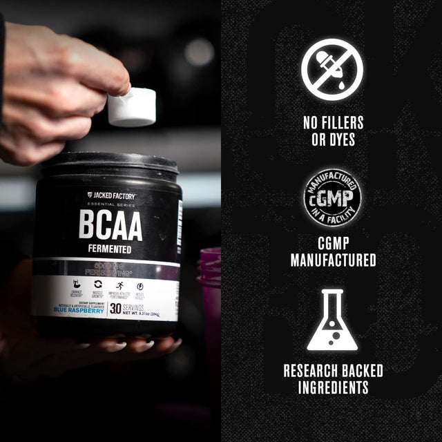 Jacked Factory BCAA Powder (Fermented) - 6G Branched Chain Essential Amino Acid Supplement for Improved Muscle Recovery, Reduced Fatigue, Increased Strength & Muscle Growth - 30 Servings, Unflavored