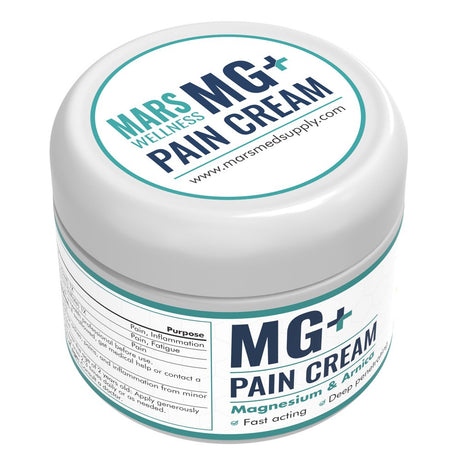 Mars Wellness MG+ Pain Cream - Extra Strength Magnesium and Arnica Cream - 4 OZ Tub - Sore Legs and Joints, Leg Cramps, Sports and Arthritis Pain Rub