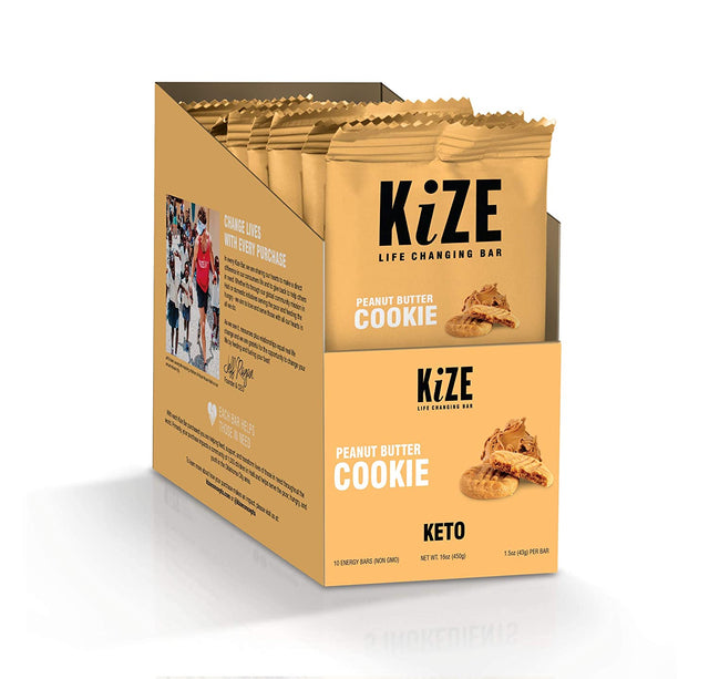 Kize Keto Energy Bar, 1G Sugar, 4G Net Carbs, 8G Plant Based Protein, Peanut Butter Cookie, Vegan, Gluten Free, Low Sugar, Low Carb, Non-Gmo, Soy Free, Mission Based, Made in the USA (10 Count)