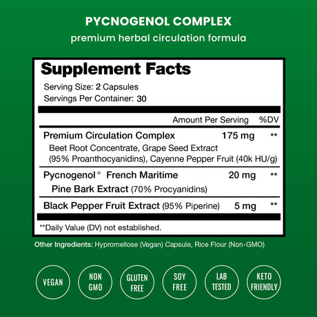 Nutrachamps Pycnogenol® Pine Bark - Premium Supplement with Herbal Complex for Circulation, Blood Flow & Nitric Oxide Production - Superior Absorption & Results with Black Pepper Extract