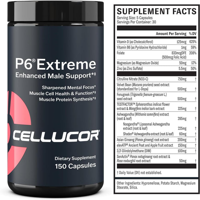 Cellucor P6 Extreme - Enhanced Support for Men | Supports Muscle Growth & Strength | Natural Support Supplement with TESTFACTOR, Ginseng, Elevatp, DIM, Senactiv & Fenugreek - 150 Caps