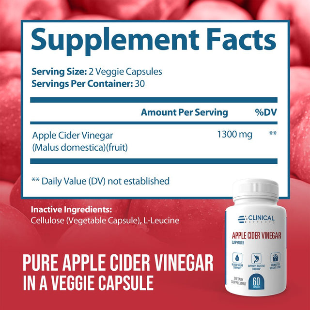 Clinical Effects Apple Cider Vinegar Capsules - 1300Mg Pure Apple Cider Vinegar for Weight Management, Cardiovascular Health, and Energy Support - 60 Veggie ACV Pills - Made in the USA