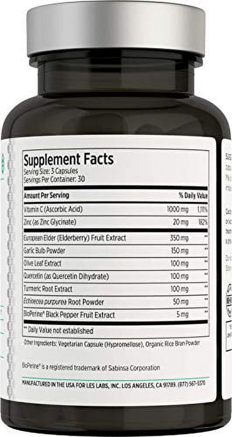 LES Labs Immune Health, Immune Support Supplement for Respiratory Health & Overall Wellness with Elderberry, Quercetin, Olive Leaf & Turmeric, 90 Capsules