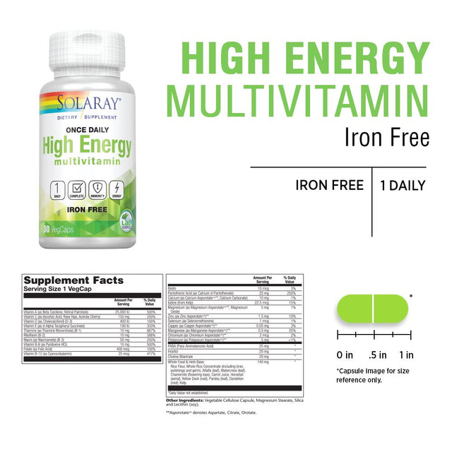 Solaray Once Daily High Energy Multivitamin, W/ No Iron | Complete Multi W/ Whole Food & Herb Base | Non-Gmo | 30 Vegcaps