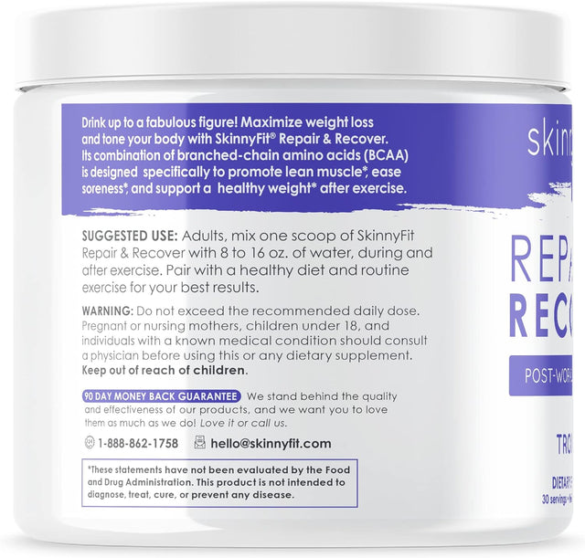 Skinnyfit Repair & Recover 30 Servings: BCAA Powder for Women, Branched Chain Amino Acids, Pre Intra Post Workout Supplement to Support Endurance, Help Aid in Muscle Recovery, Tropical Flavor