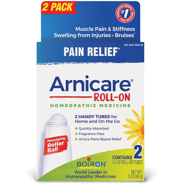 Boiron Arnicare Roll-On, Homeopathic Medicine for Pain Relief, Muscle Pain & Stiffness, Swelling from Injuries, Bruises, 2 X 1.5 Oz Twin Pack