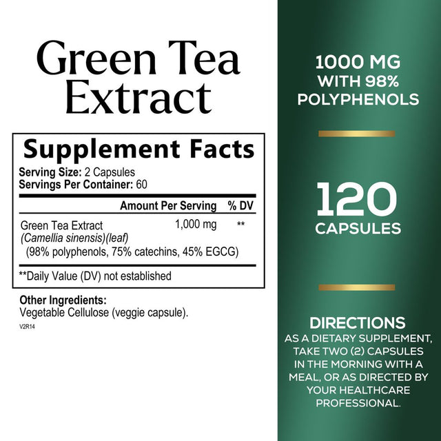 Puretea Green Tea Extract Pills 1000Mg with EGCG - 98% Standardized Polyphenols - 3X Absorption Green Tea Capsules for Natural Energy - Heart Support with Antioxidants, Gentle Caffeine - 120 Capsules