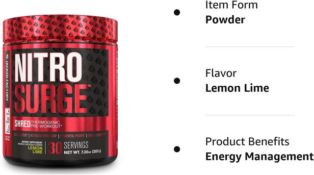 Jacked Factory NITROSURGE Shred Pre Workout Supplement - Energy Booster, Instant Strength Gains, Sharp Focus, Powerful Pumps - Nitric Oxide Booster & Preworkout Powder - 30Sv, Lemon Lime