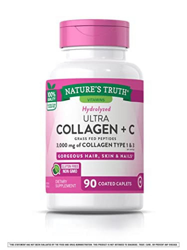 Nature'S Truth Hydrolyzed Collagen Peptides | 90 Caplets | Type 1 and 3 with Vitamin C | Grass Fed, Non-Gmo, Gluten Free Pill Supplement