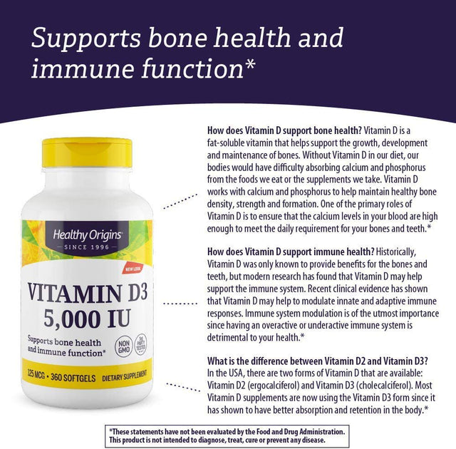 Healthy Origins Vitamin D3 5,000 IU (Non-Gmo, High Potency, Bone Support, Immune Support, Gluten Free), 360 Softgels