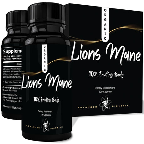 Advanced Bionetix Organic Lions Mane Supplement 120 Capsules. Brain Support Nootropic Immune System Support Mushroom Supplement. 10X Extract Similar to 18,000Mg, Contains Patent Pending Litropane™