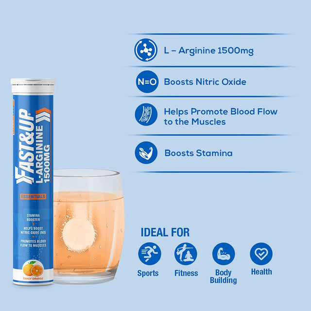 FAST&UP L-Arginine Essentials 1500 Mg, Effervescent L-Arginine Supplement, Refreshing Orange Flavour, Boosts Stamina and Nitric Oxide (NO), Delays Onset of Fatigue - Pack