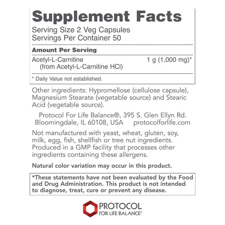 Protocol for Life Balance - Acetyl-L-Carnitine 500 Mg - Helps Transport Fatty Acids, Reduce Unwanted Fat, Boosts Energy, Cognitive Brain Support, Enhances Performance and Recovery - 100 Veg Capsules