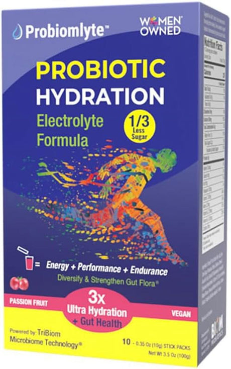 Probiomlyte Probiotic Hydration Amplifier. Electrolytes + Key Vitamins + Probiotics + Prebiotics + Postbiotics + Citrulline |Better Endurance, Performance, Energy, Gut Health| Passion Fruit |10 Sticks