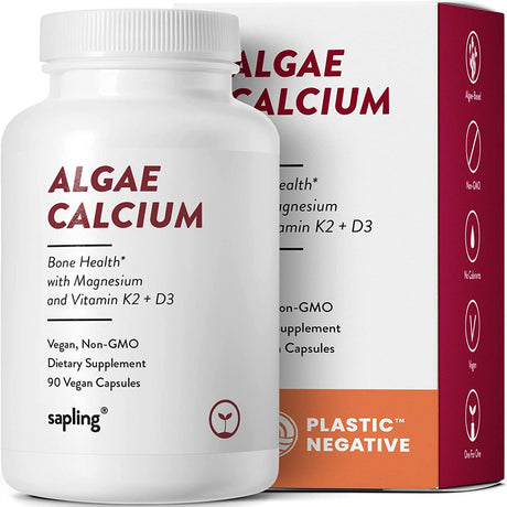 Calcium Supplement - Whole Food with Vitamin K2 & D3, Magnesium, Zinc, Boron, Mineral Complex. Sourced Sustainably from Red a Ae. for Bone Strength and Support. Non-Gmo & Vegan 90 Capsules.