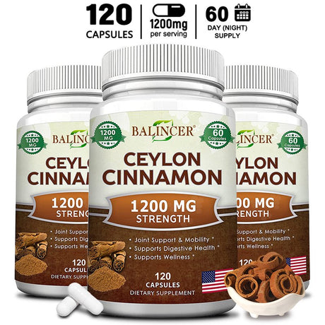 Balincer Natural Ceylon Cinnamon 1200Mg - 60/120 Capsules, True Cinnamon from Sri Lanka, Extract Supplement Pills Promotes Heart Health-120Capsules