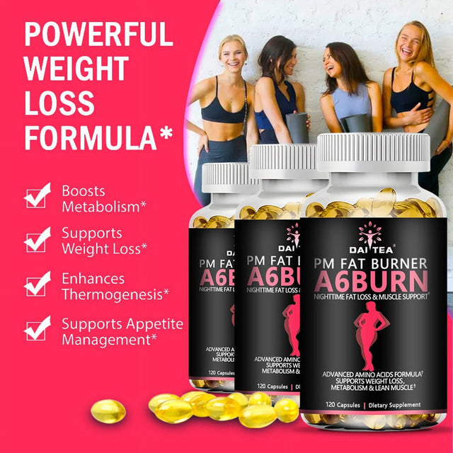 A6Burn,Nighttime Fat Burner, Appetite Suppressant, Lean Muscle Support, Metabolism Booster Diet Supplement-120Capsules