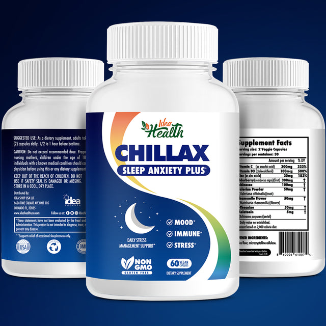 Chillax Stress Anxiety Mood | Sleep Aid + Immune Defense, 8 In1 Formula, W/ Melatonin, L-Theanine, Zinc, Vitamin D3, Elderberry - 60 Vegan Capsules