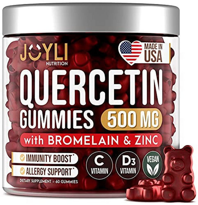 JOYLI Quercetin Gummies - Quercetin with Bromelain, Zinc & Vitamin C - Quercetin 500Mg Supplement for Immunity, Cardiovascular Support - Pure Quercetin for Kids and Adults - 60 Pcs Quercetin Chewable