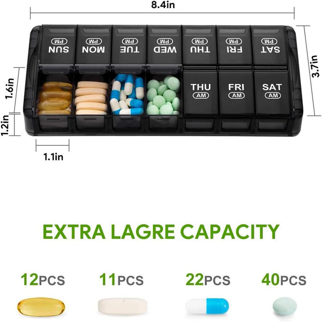 Sukuos 7 Day Weekly Pill Organizer with 2 Times a Day Compartment - AM PM, Pill Holder, Daily Pill Box Planner for Pills, Vitamins, Fish Oil, Supplements, Extra Large with Moisture Proof, Black