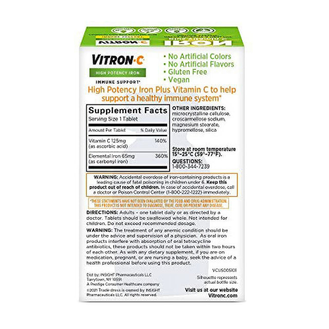 Vitron-C High Potency Iron Supplement, Immune Support, 125Mg Vitamin C, 60 Count