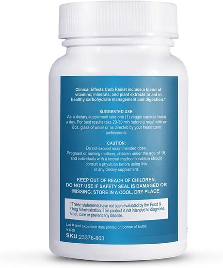 Clinical Effects Carb Resist - Carb Blocker with Vitamin C - 60 Capsules - Ideal for Keto or Low Carb Lifestyle - Supports Heart Health and Weight Management - Plant-Based