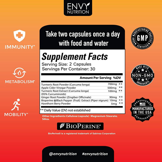 Envy Nutrition Turmeric Ginger Apple Cider Vinegar Pill Capsules with Bioperine, 60 Count