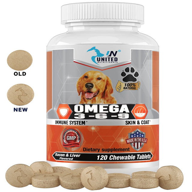 Omega 3 6 9 for Dogs,Dha EPA Fatty Acids, Brain Health, Shiny Coat, Itchy and Dry Skin Relief, Immune System Support, anti Inflammatory - 60 Natural Chew-Able Tablets.