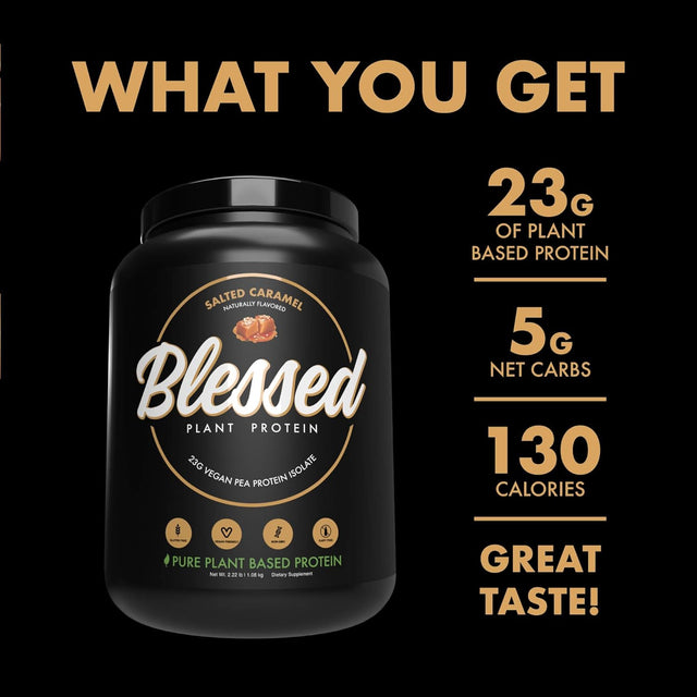 Blessed Vegan Protein Powder - Plant Based Protein Shake Meal Replacement Powder - 23G of Pea Protein Powder for Women & Men, Non-Dairy, Gluten Free, No Sugar Added, 30 Servings (Salted Caramel)