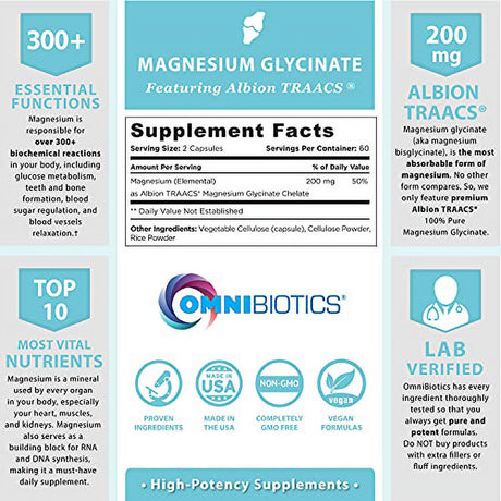 Magnesium Glycinate - 100% Pure Albion TRAACS Bisglycinate Chelate Supplement - 200 Mg - 120 Vegetarian Capsules