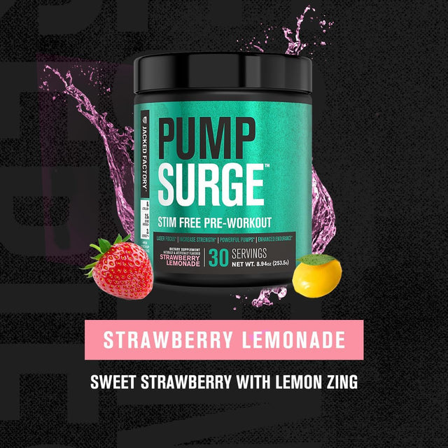 Jacked Factory Pumpsurge Caffeine Free Pre Workout for Men & Women - Stim Free Pre Workout Powder, NO Supplement & Nootropic Booster - Intense Pumps, Enhanced Focus - 30 Servings, Strawberry Lemonade