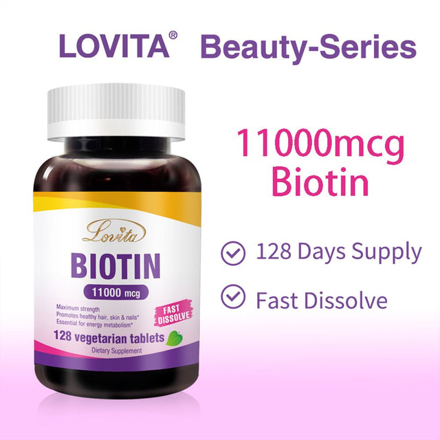 Lovita Biotin High Potency 11000Mcg, 128 Days-Supply, Fast Dissolvable Vitamins B7 for Skin and Nails & Hair Health, Vegetarian Dissolvable Tablets