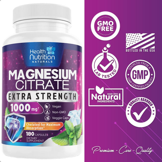 Magnesium Citrate Capsules 1000Mg - Max Absorption Magnesium Powder Capsules for Muscle, Nerve, Bone and Heart Health Support, High Absorption Citrate Complex, Gluten Free, Non-Gmo - 180 Capsules