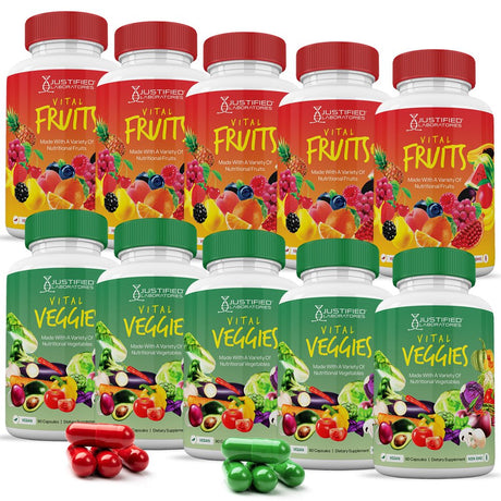 Vital Fruits and Veggies Supplement Whole Food Red & Green Superfoods Non GMO Vegan Friendly 90 Veggie Capsules per Bottle 10 Bottles