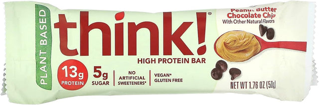 Think! Vegan/Plant Based High Protein Bars - Peanut Butter Chocolate Chip, 13G Protein, 5G Sugar, No Artificial Sweeteners, Non GMO Project Verified, 10 Count (Packaging May Vary)