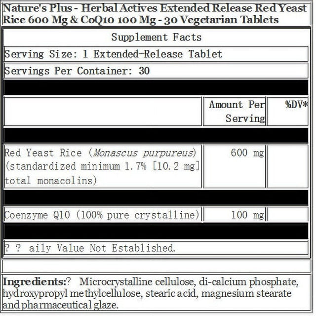 Nature'S plus Herbal Actives Red Yeast Rice 600 Mg/Coq10 100 Mg Extended Release Tablets 30 Tablet