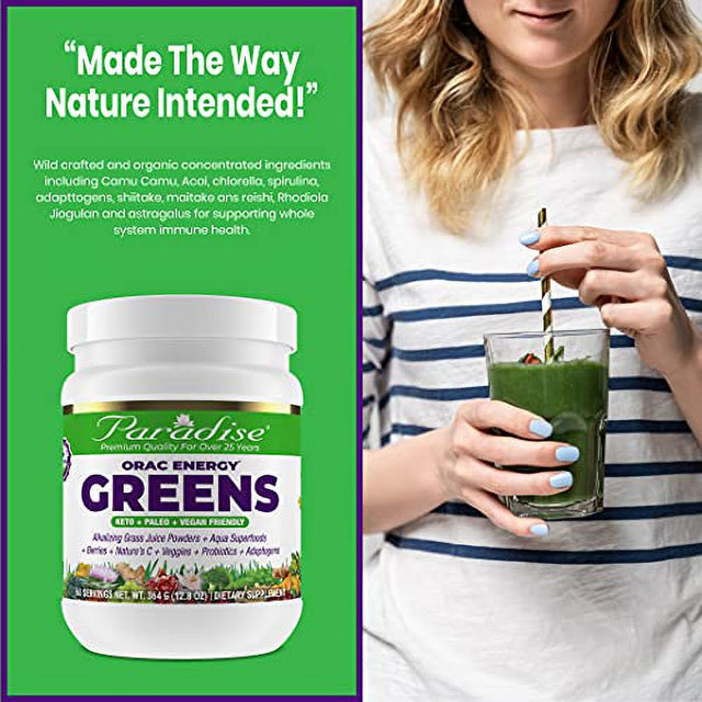 Paradise ORAC Energy Greens Powder Extract, Super Antioxidants, Probiotics for Gut Health & Digestion, Vitamin C for Immunity, with Spirulina & Chlorella, Non-Gmo, Gluten Free, 60 Servings