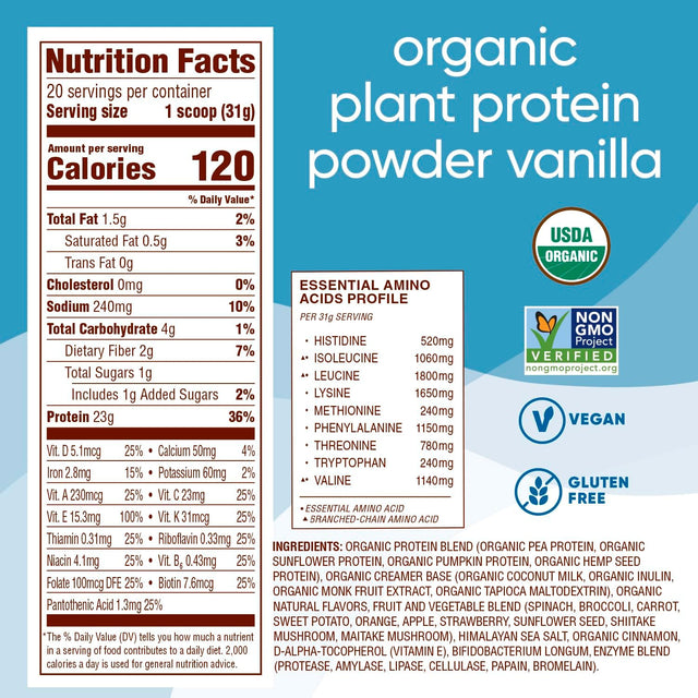 Nutiva Organic Plant Protein Smoothie, Vanilla, 1.4 Pound, USDA Organic, Non-Gmo, Non-Bpa, Vegan, Gluten-Free, Keto & Paleo, 23G Protein Shake & Meal Replacement