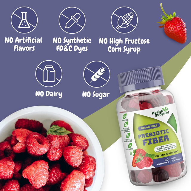 Health Supplied Fiber Prebiotic Gummies Sugar Free, Keto Friendly | Gut Cleansing, Constipation Relief | Natural Berry Flavor