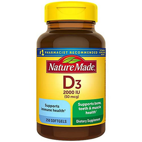 Nature Made Vitamin D3, 250 Softgels, Vitamin D 2000 IU (50 Mcg) Helps Support Immune Health, Strong Bones and Teeth, & Muscle Function, 250% of the Daily Value for Vitamin D in One Daily Softgel