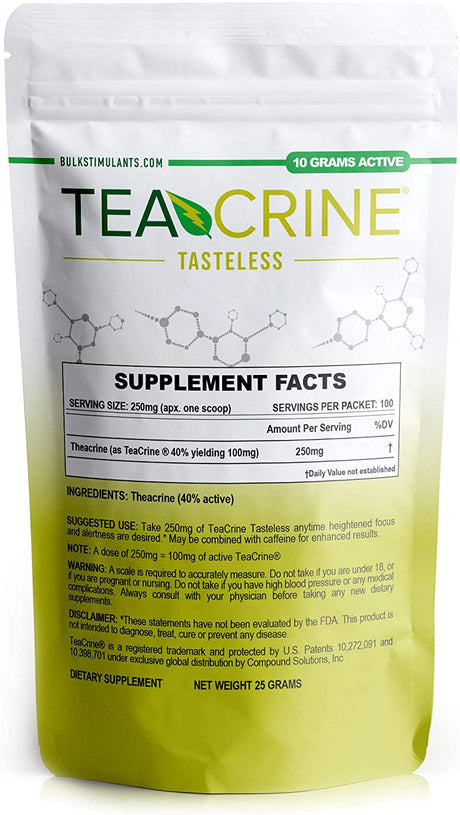 TEACRINE Tasteless Powder: Theacrine Supplement, Nootropic Stimulant Free for Energy Motivation Endurance & Focus, 100 Servings - 25 Grams