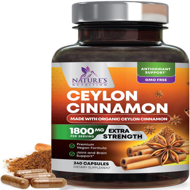 Pure Cinnamon Capsules, Certified Organic Ceylon Cinnamon Pills, Non-Gmo, Gluten-Free, Dairy-Free, Sri Lanka Cinnamon Powder Supplement, Best Vegan True Cinnamomum Vitamins, Sugar Free - 240 Capsules