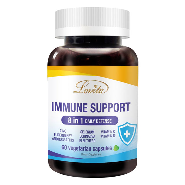 Lovita Immune Support 8 in 1, Elderberry with Zinc and Vitamin C, Vitamin D, Selenium & Echinacea, Andrographis, Siberian Ginseng - Immune Booster Supplement, 60 Vegetarian Capsules