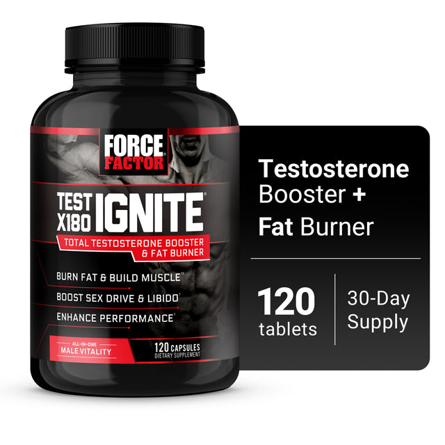 Test X180 Ignite Total Testosterone Booster for Men with Fenugreek Seed and Green Tea Extract to Increase Libido, Burn Fat, Build Lean Muscle, and Improve Performance, Force Factor, 120 Capsules