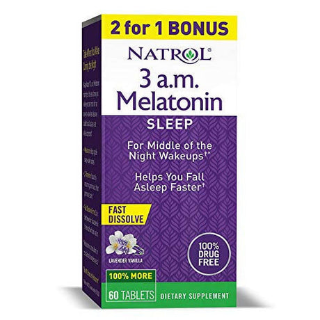 Natrol, 3 A.M. Melatonin Sleep Aid Strengthens Immune System 100 Drugfree and Natural Lavender Vanilla Flavor Fast Dissolve Tablets, 60 Count