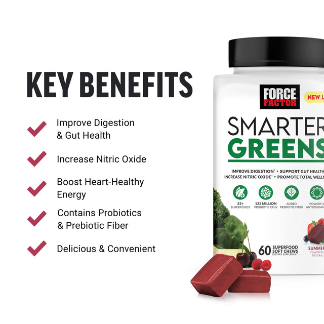 Force Factor Smarter Greens Soft Chews, Greens Superfoods Supplement, Summer Berry, 60 Soft Chews