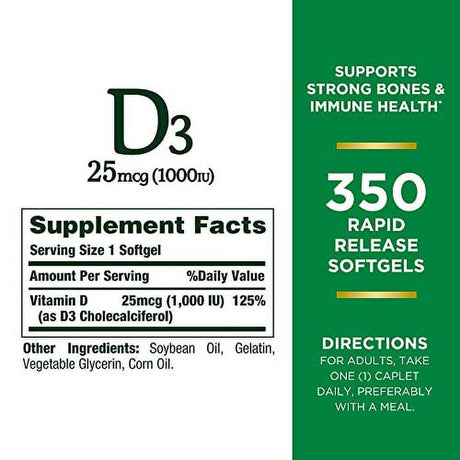 Natureâ€™S Bounty Vitamin D3 1000 IU Softgels, Immune Support, Promotes Healthy Bones, 350 Ct